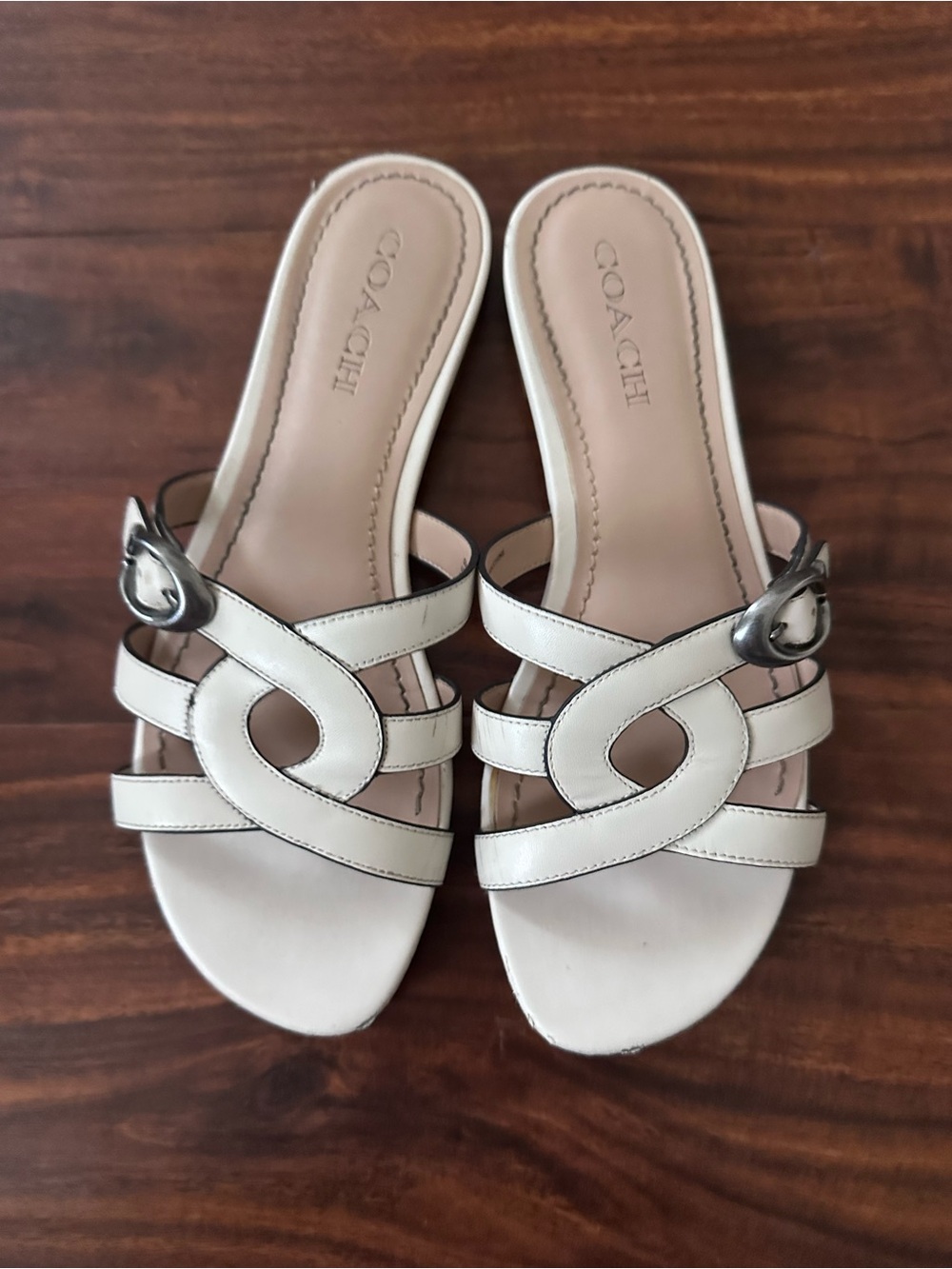 Coach Cream Leather Interlocking Strap Slide Sandals